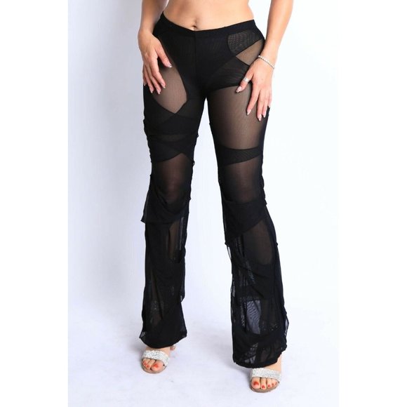 Women's Bell Bottom Yoga Layered Mesh Flared Leg Pants S,M,L - Picture 1 of 8